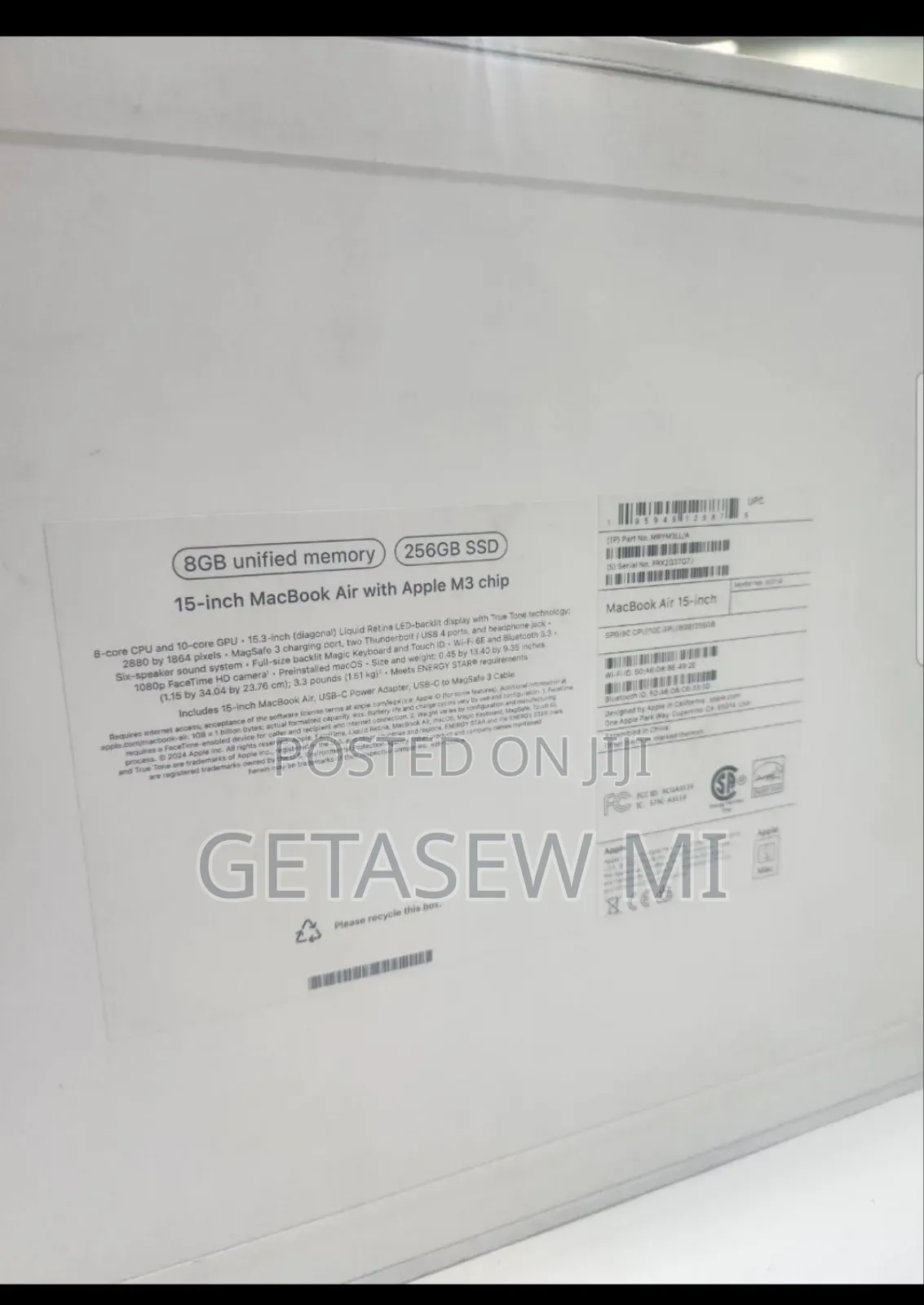 New Laptop Apple MacBook Air 2024 M3 15-Inch 8GB Apple M3 SSD 256GB
