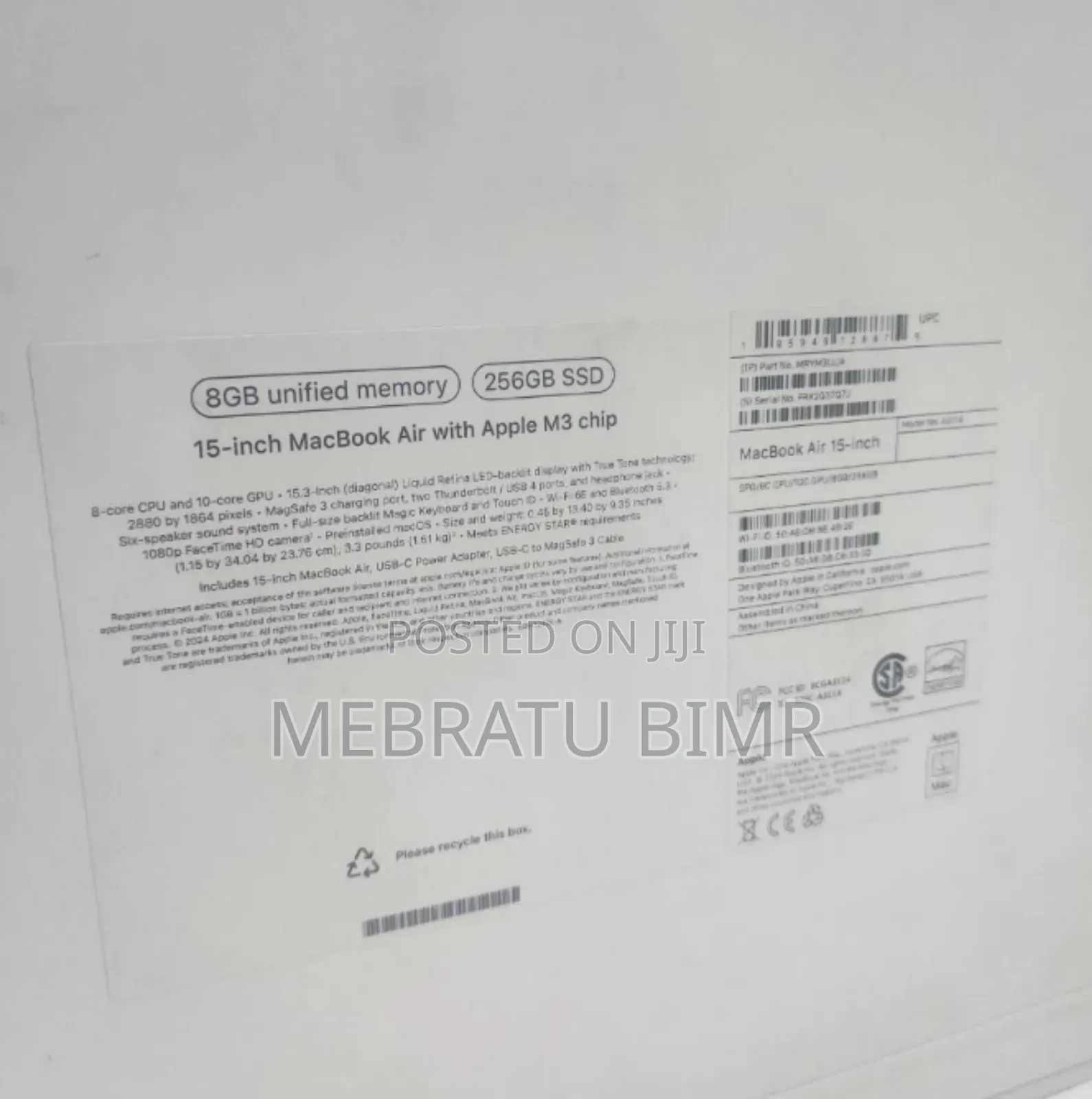 New Laptop Apple MacBook Air 2024 M3 15-Inch 8GB Apple M3 SSD 256GB