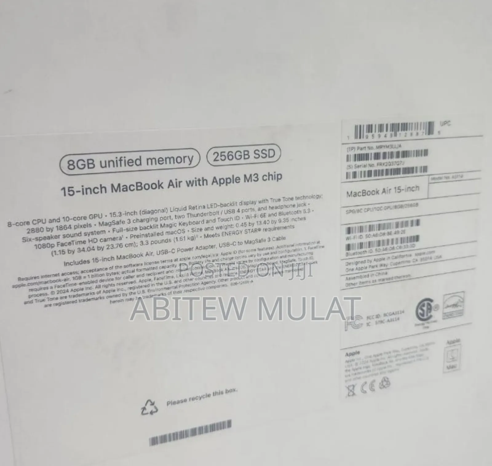 New Laptop Apple MacBook Air 2024 M3 15-Inch 8GB Apple M3 SSD 256GB