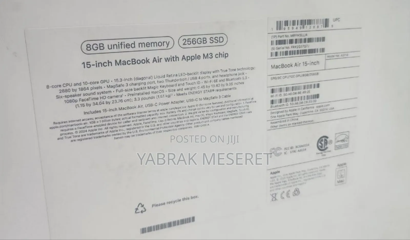 New Laptop Apple MacBook Air 2024 M3 15-Inch 8GB Apple M3 SSD 256GB