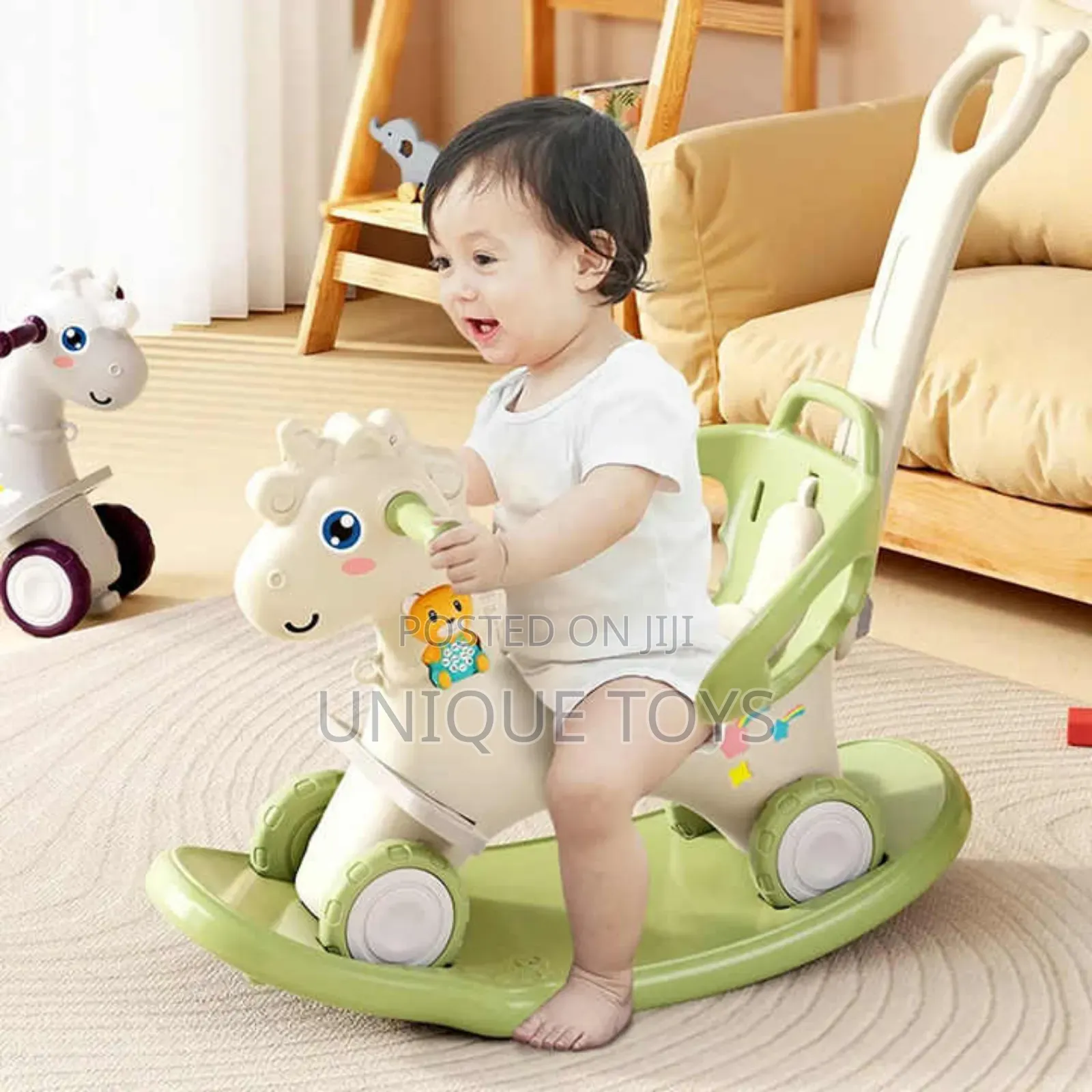 4-in-1 Rocking Horse, Ride-On, a Guide Bar and a Music Box