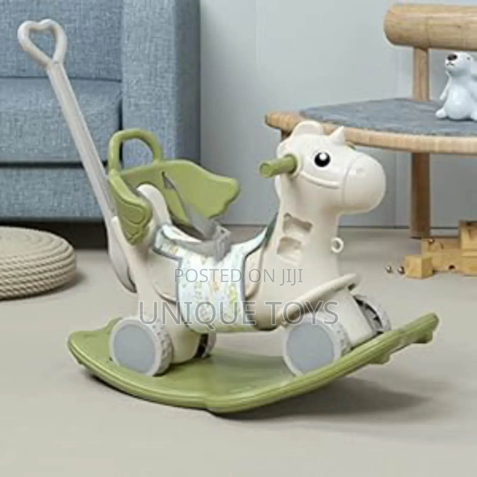 4-in-1 Rocking Horse, Ride-On, a Guide Bar and a Music Box
