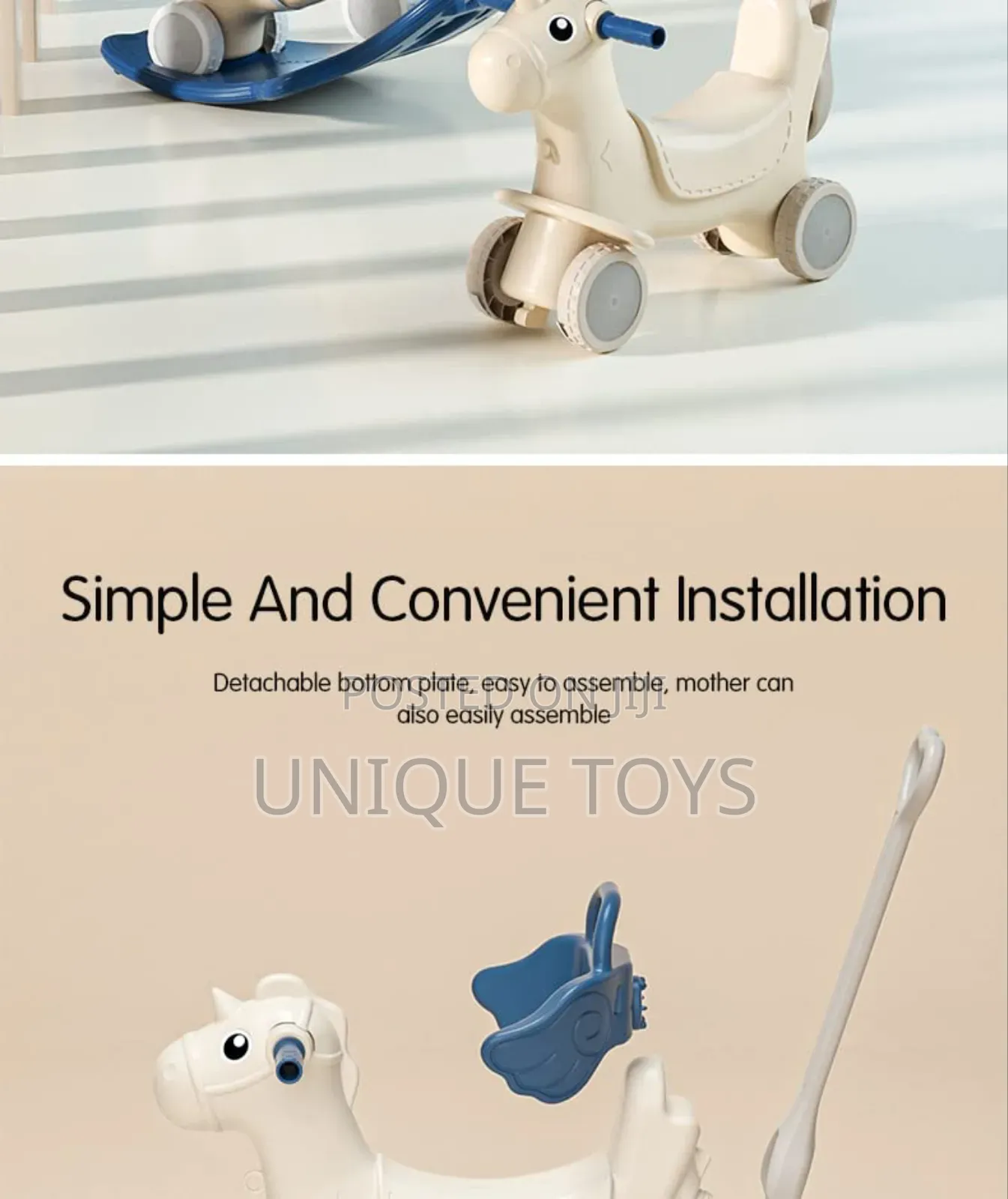 4-in-1 Rocking Horse, Ride-On, a Guide Bar and a Music Box