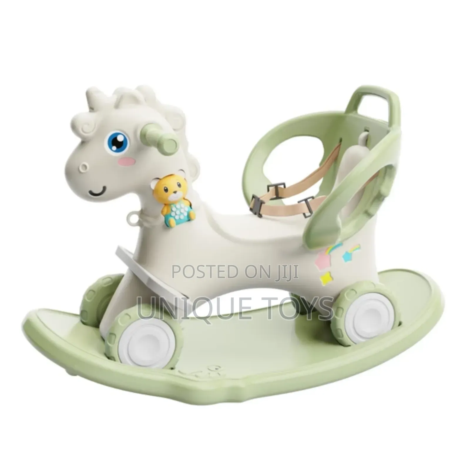 4-in-1 Rocking Horse, Ride-On, a Guide Bar and a Music Box