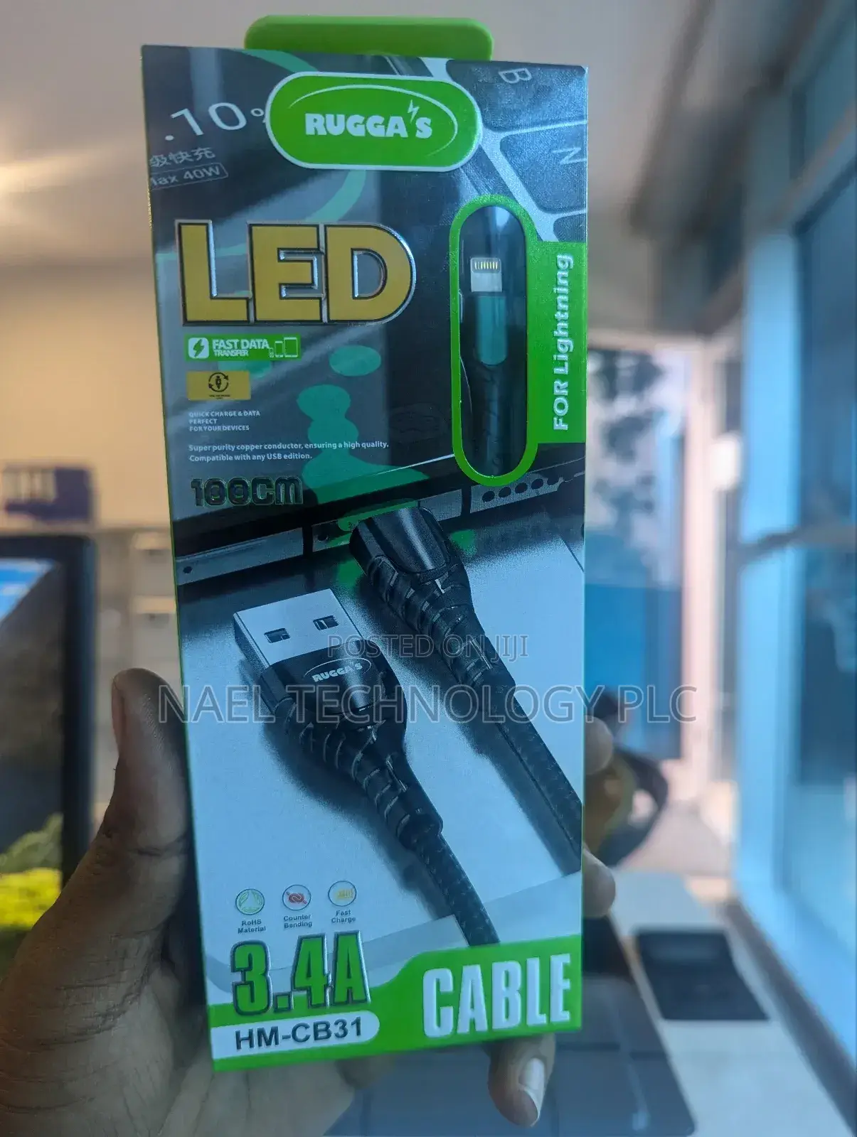 "Rugass 3.4A Lightning Cable - Super Fast iPhone Charger."