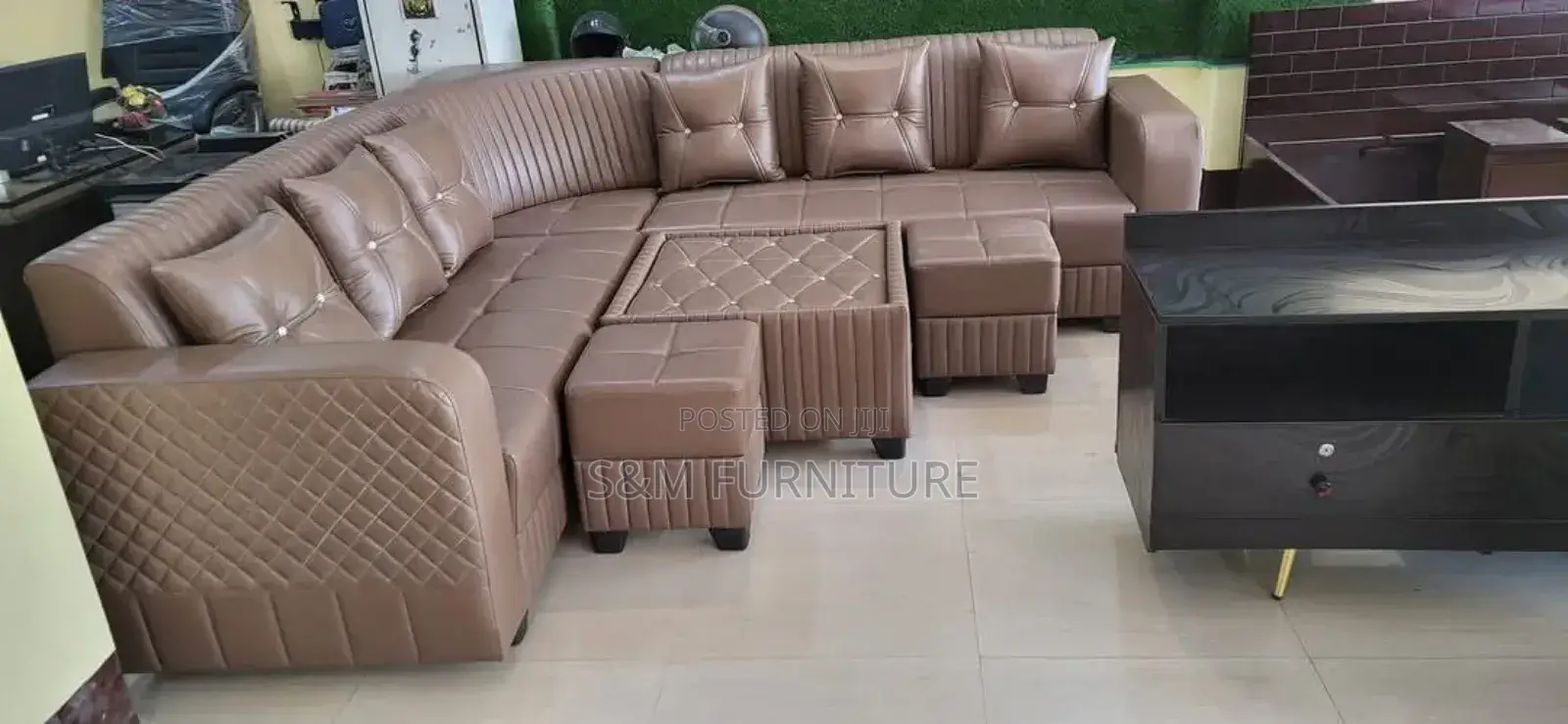 Full Leather L Shape Sofa With Table and 2 Boxes.