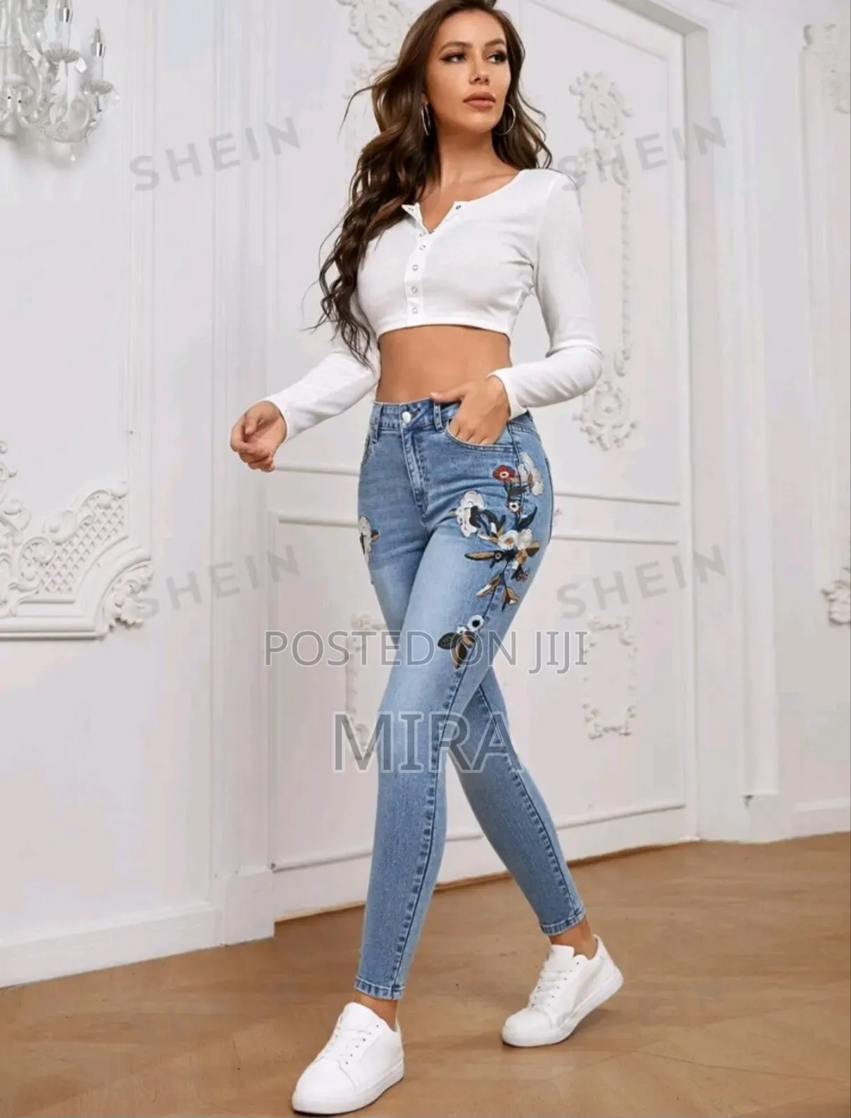 Flowers Printed Denim Pant