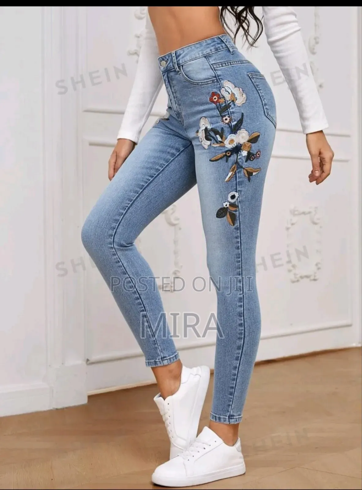 Flowers Printed Denim Pant