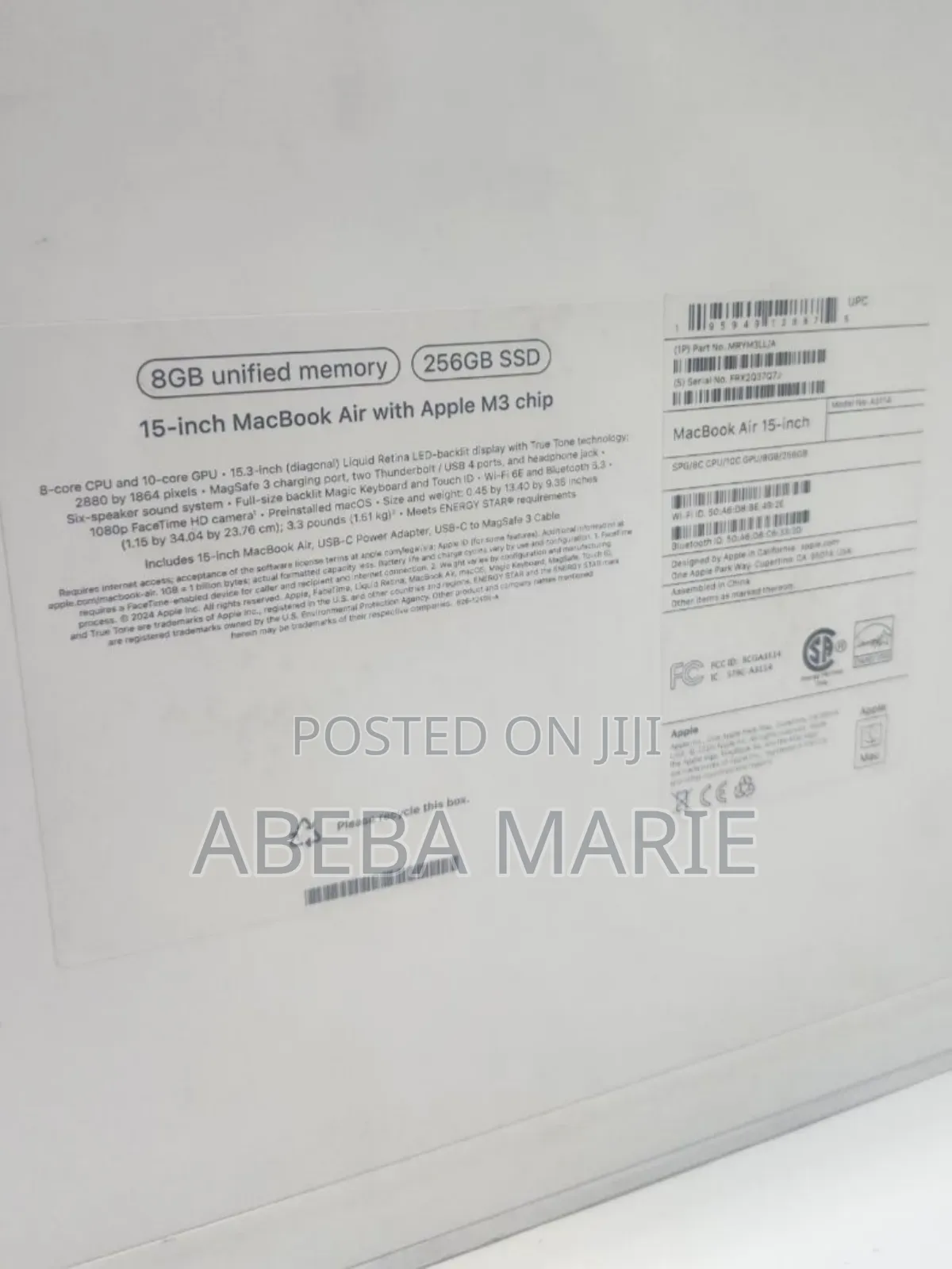 New Laptop Apple MacBook Air 2024 M3 15-Inch 8GB Apple M3 SSD 256GB