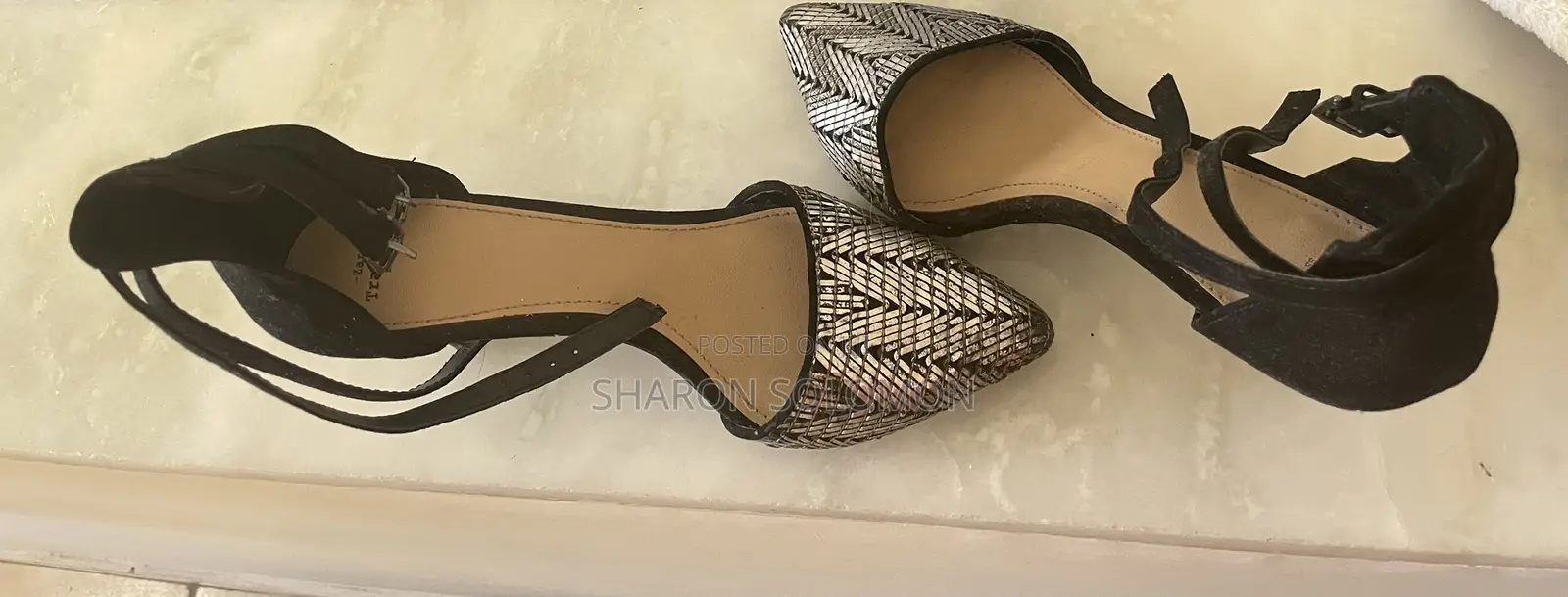 Metallic Woven Pointed-Toe Ankle-Strap Heels