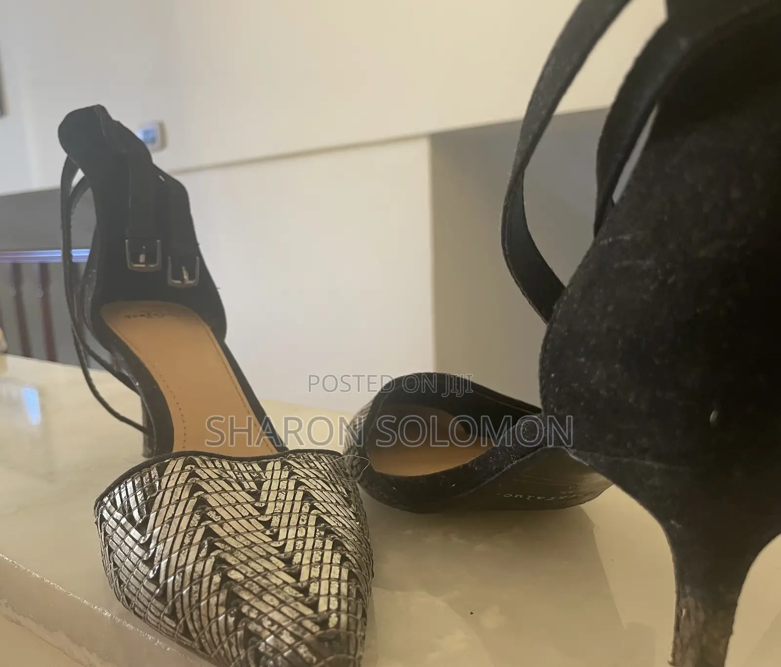 Metallic Woven Pointed-Toe Ankle-Strap Heels