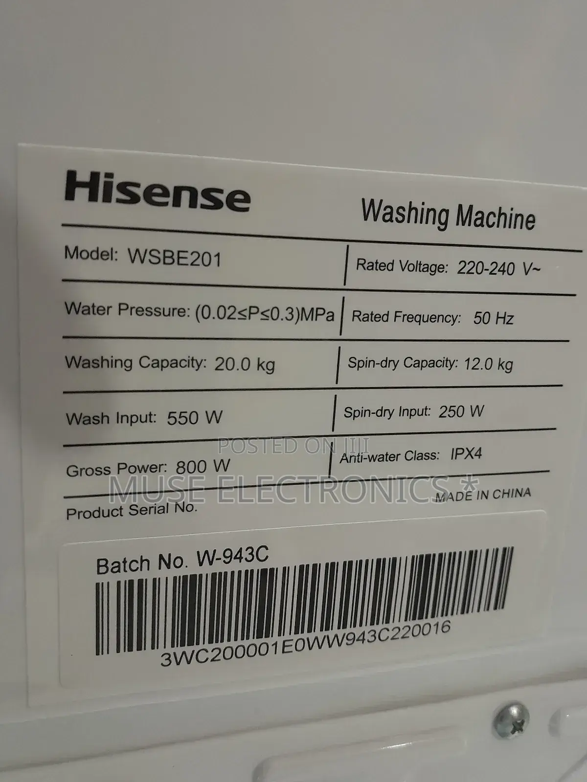 Hisense 20kg Washing Machine