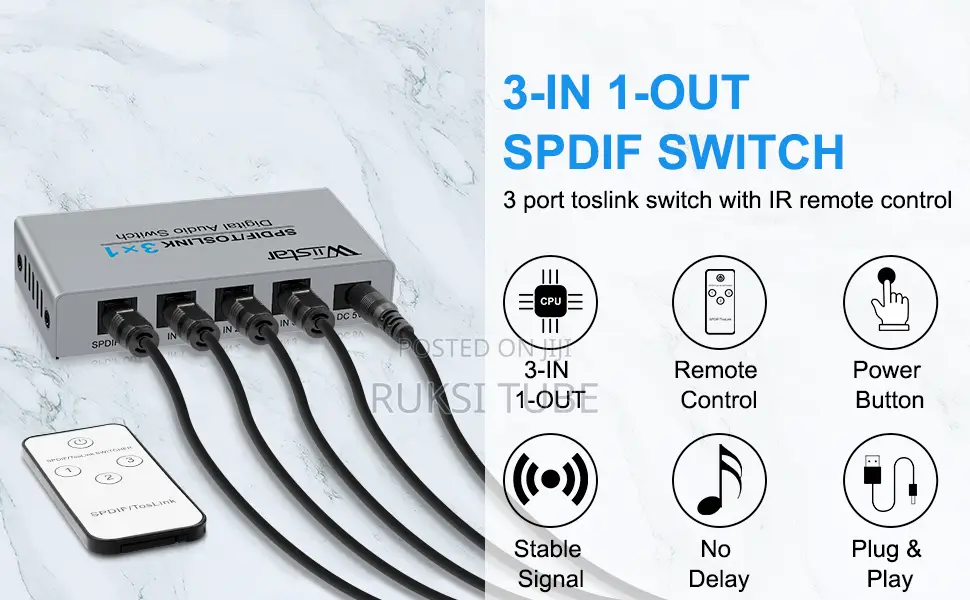 Wiistar 3 Port Digital Optical Audio Switch 3 In 1 Out SPDIF