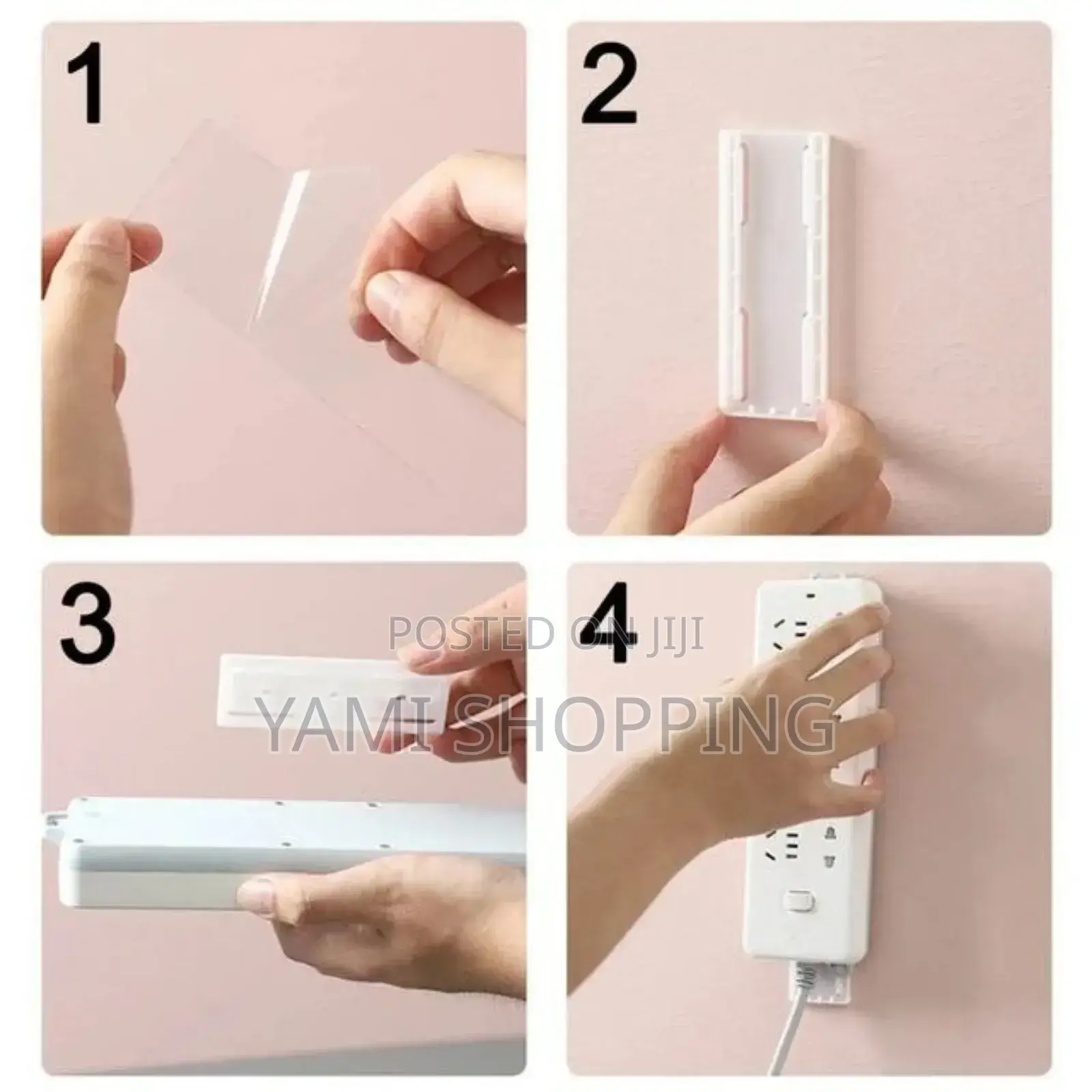 Wall-Mounted Power Strip Holder With a Power Strip Attached