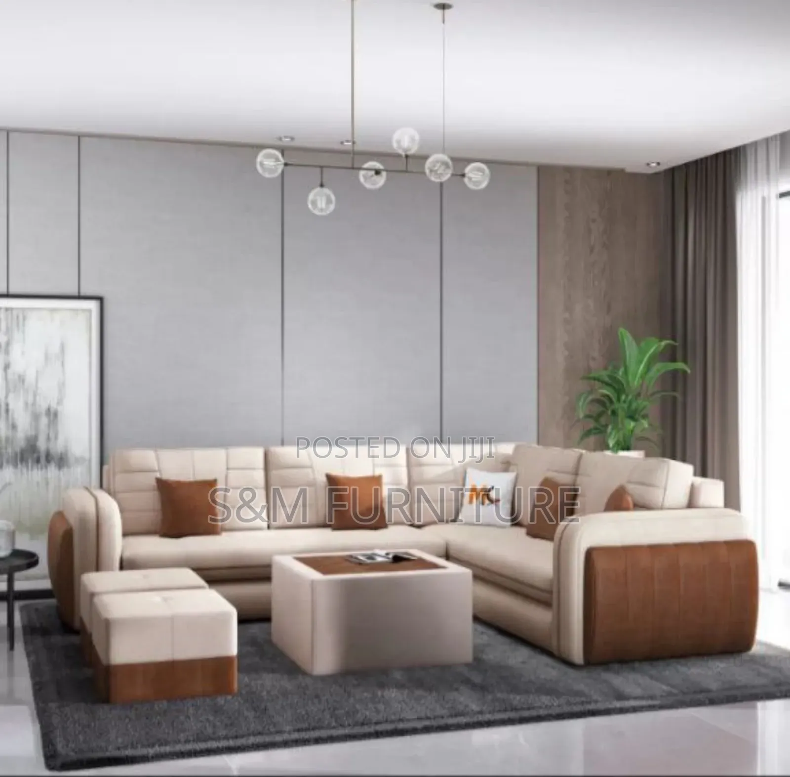 Cream With Brown L Shape Sofa