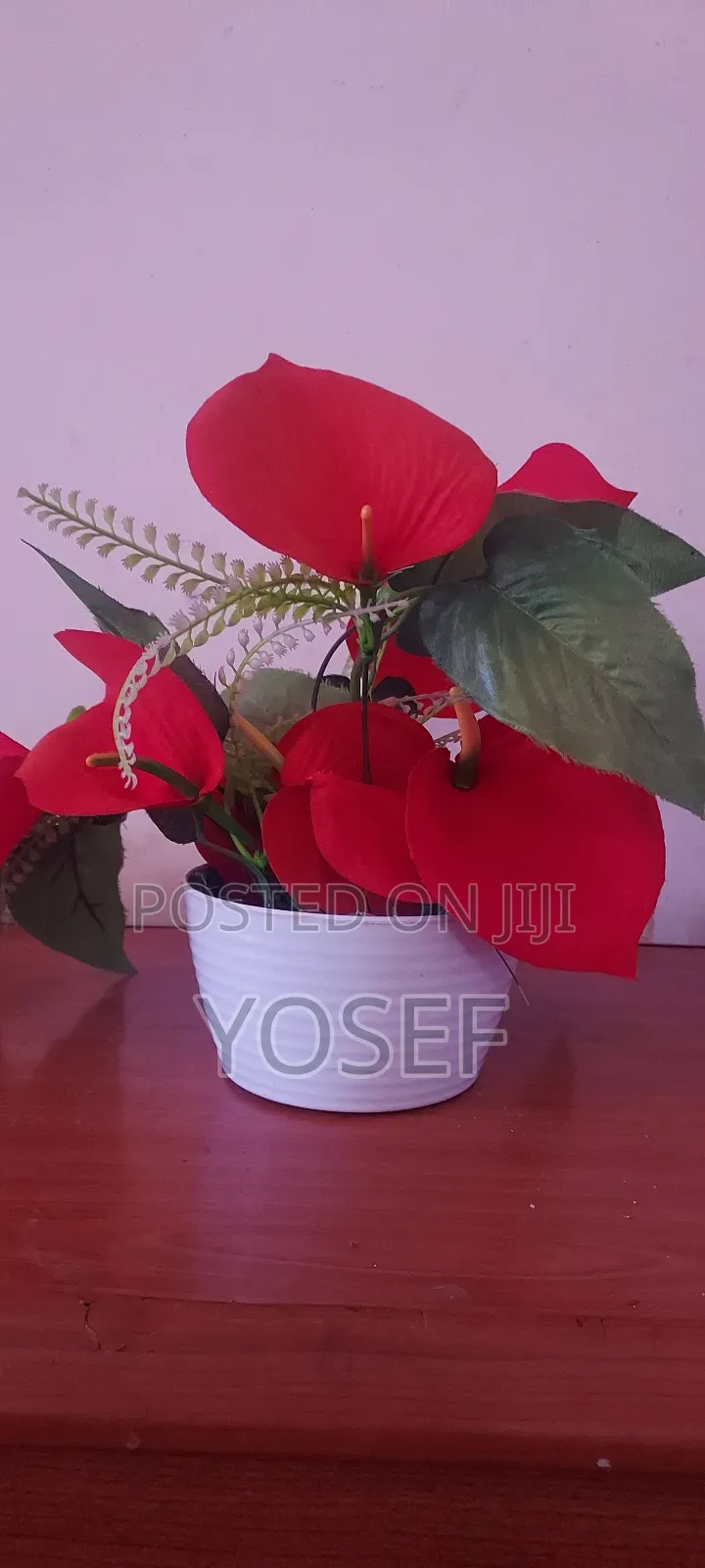 Beautiful Artificial Red Flower Arrangement in White Pot