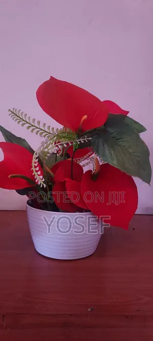 Beautiful Artificial Red Flower Arrangement in White Pot
