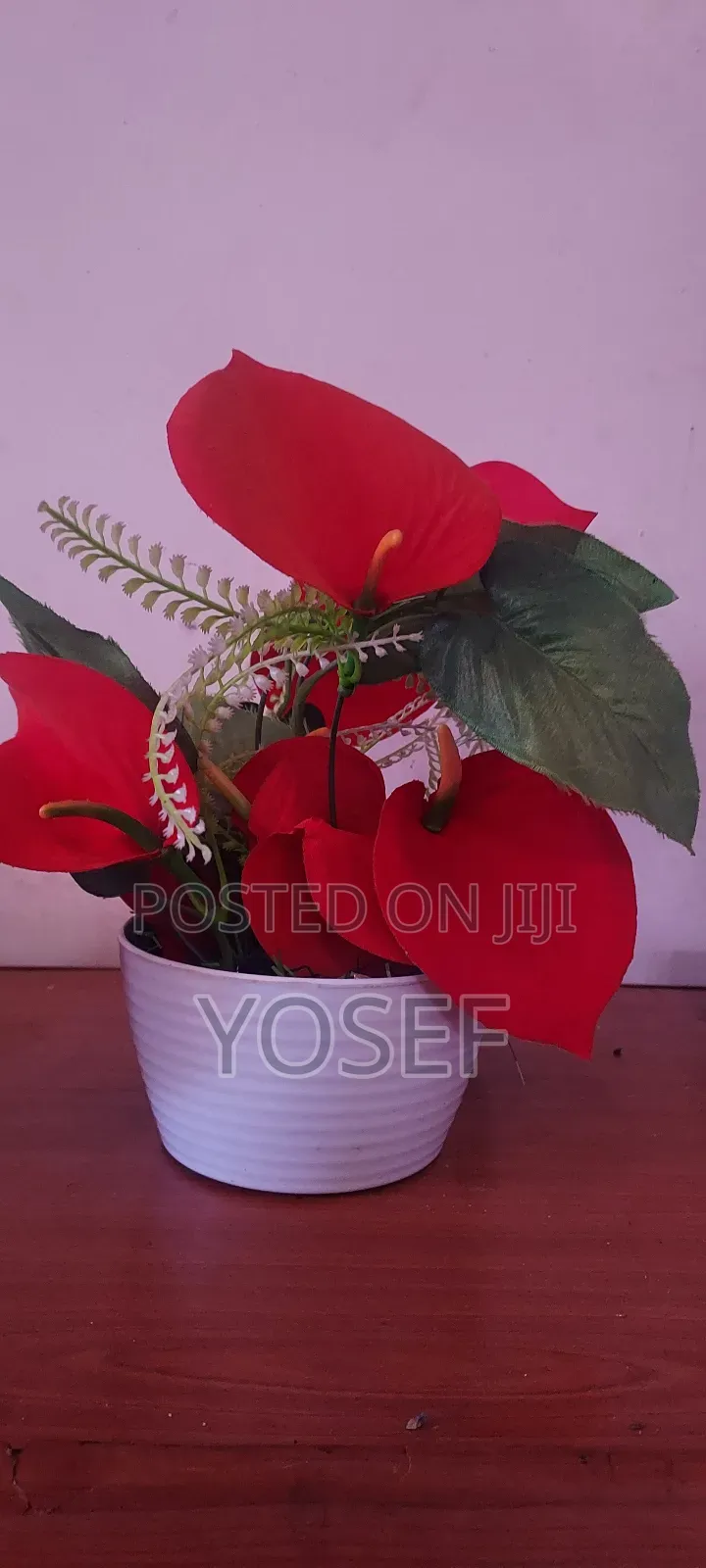 Beautiful Artificial Red Flower Arrangement in White Pot