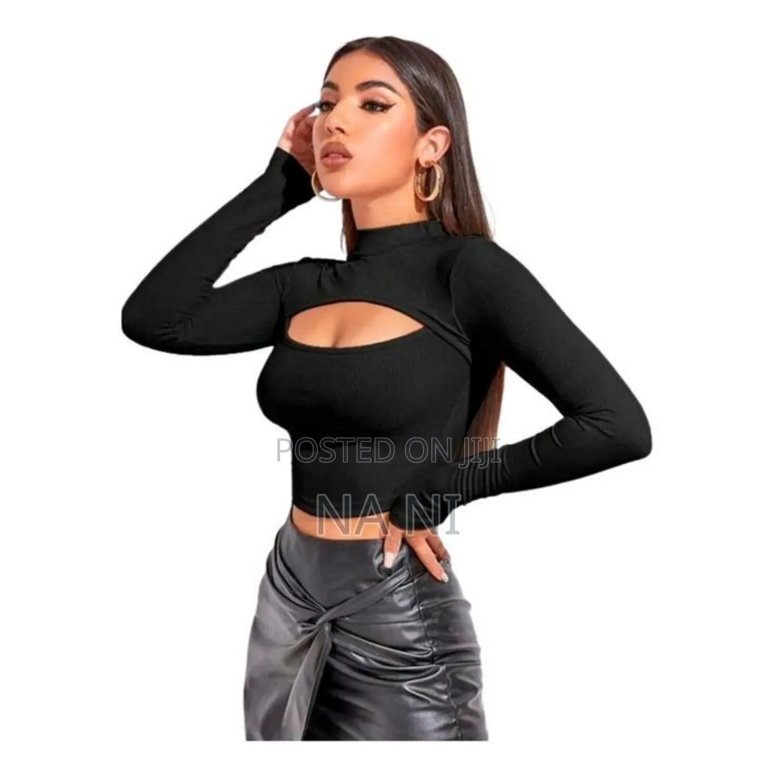 Shein Relaxiva Mock Neck Cut-Out Rib-Knit Slim Crop Tee