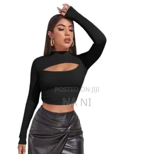 Shein Relaxiva Mock Neck Cut-Out Rib-Knit Slim Crop Tee