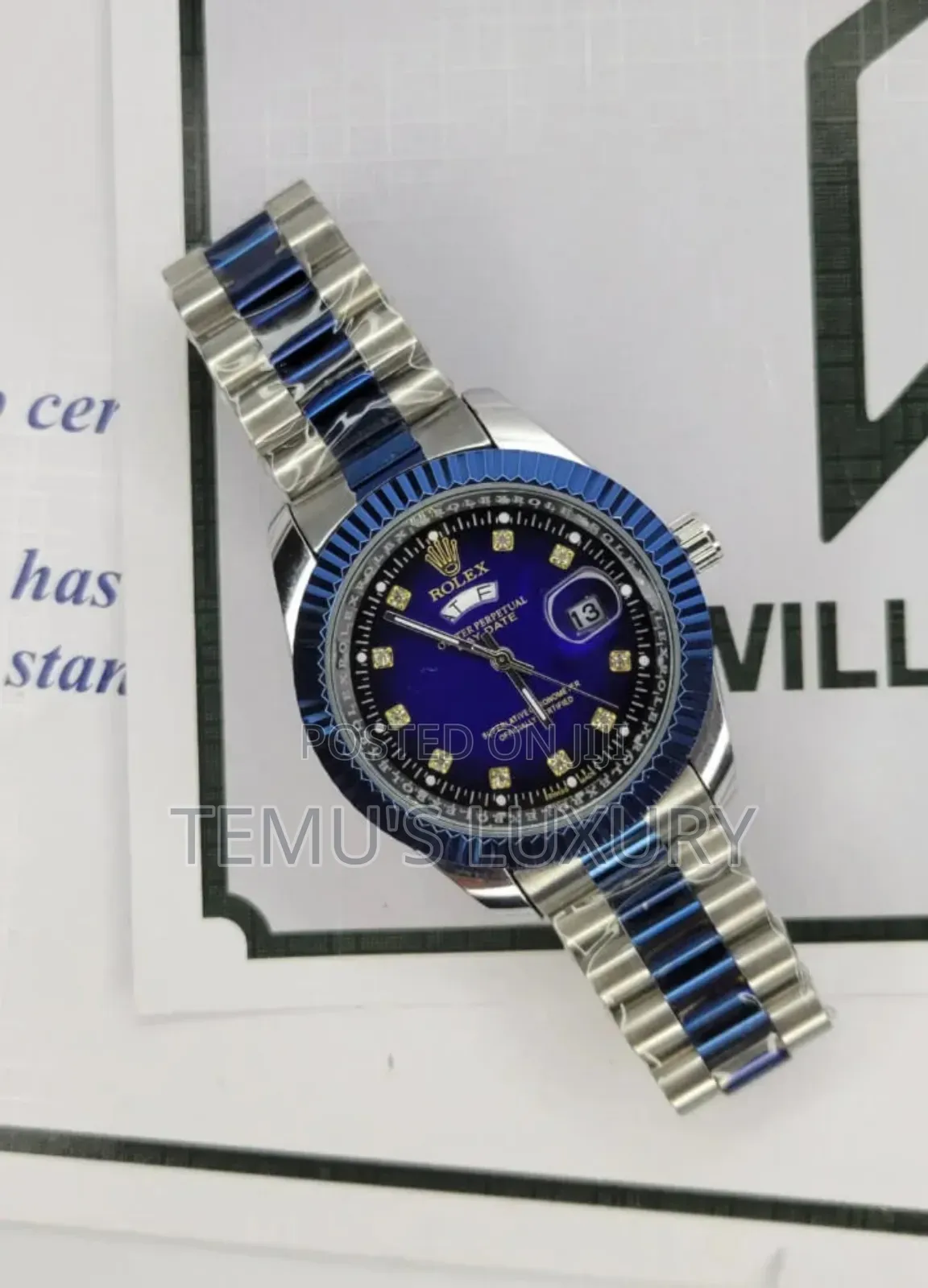 ROLEX Silver Blue ROLEX Watch With Day/Date Design Watch