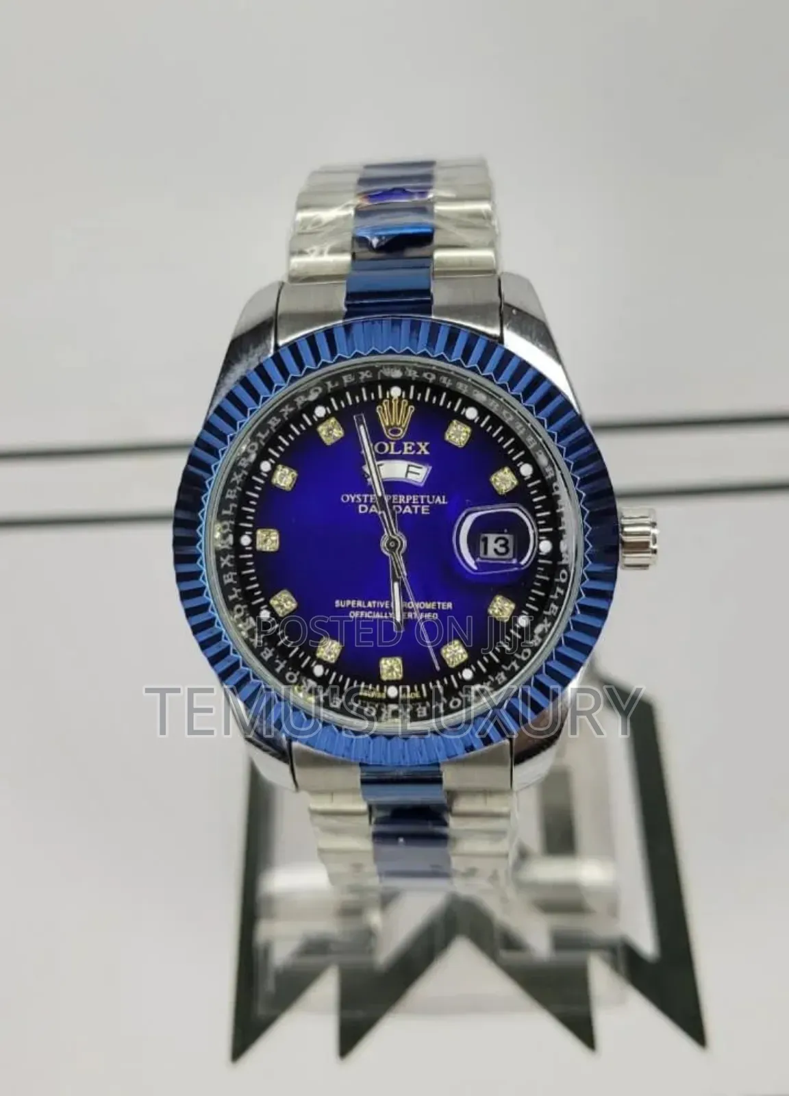 ROLEX Silver Blue ROLEX Watch With Day/Date Design Watch