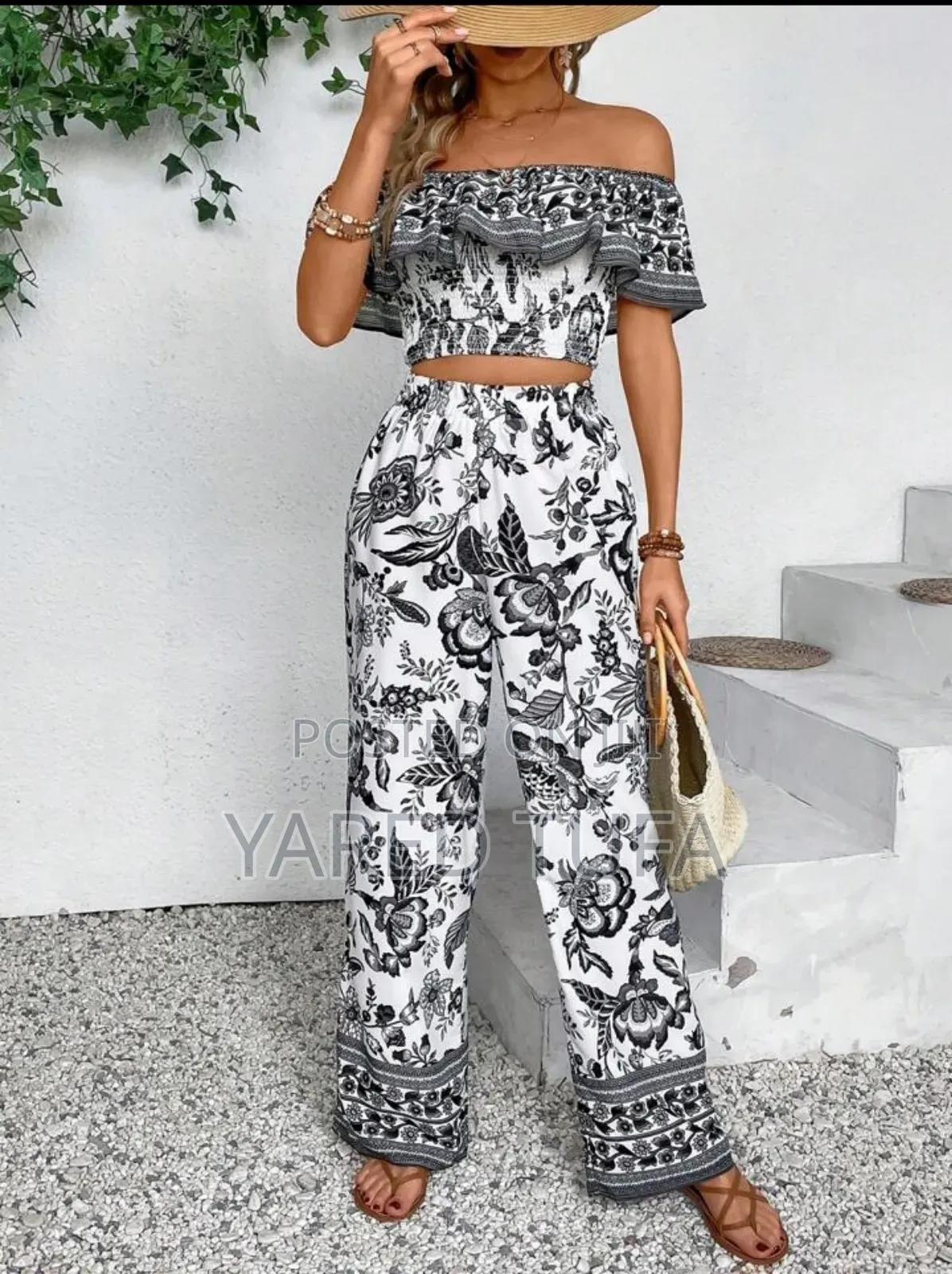 Off Shoulder Crop Top and Wide Leg Pant ( ሆት ፓንት)