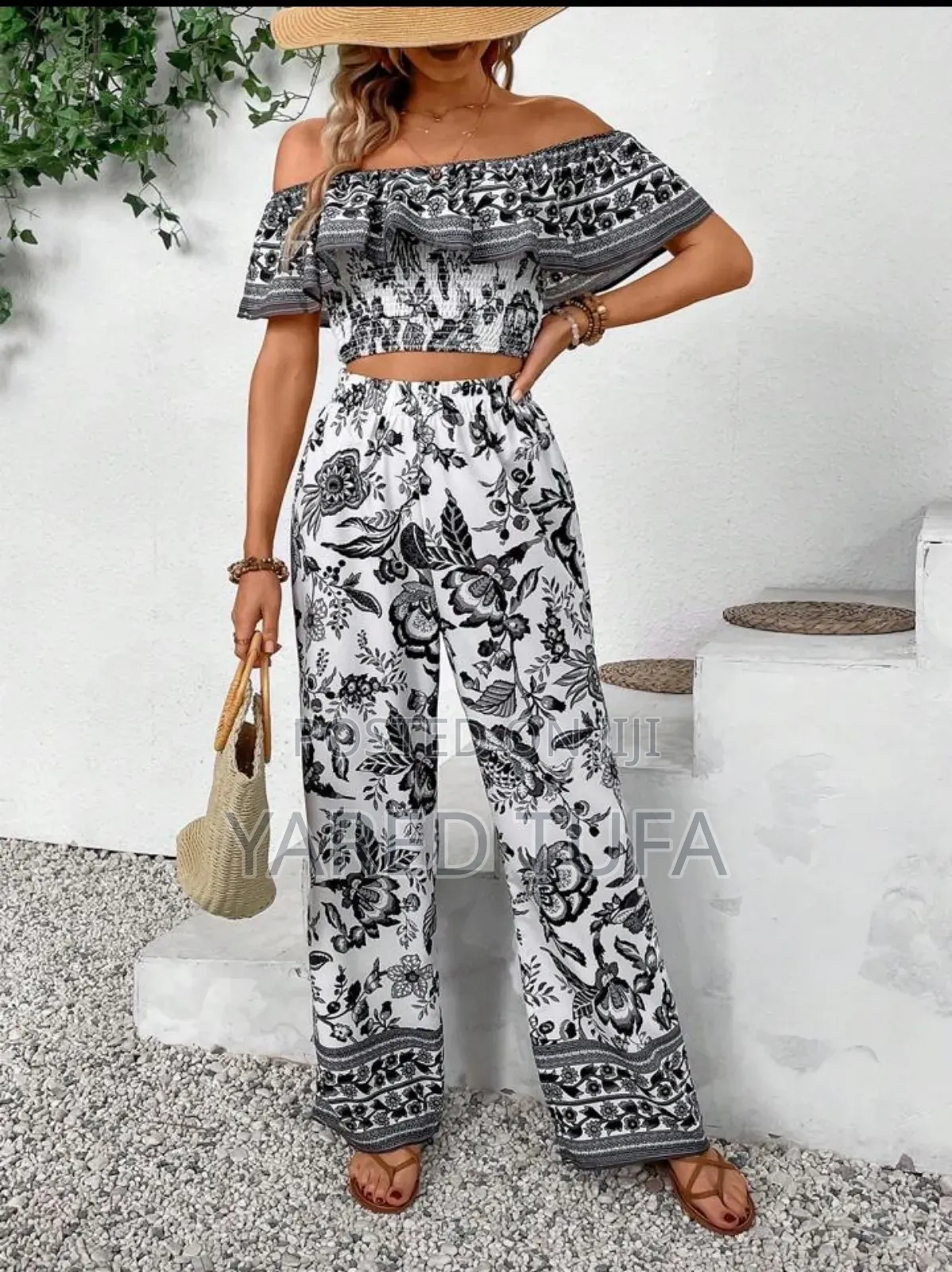 Off Shoulder Crop Top and Wide Leg Pant ( ሆት ፓንት)
