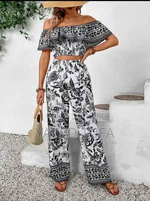 Off Shoulder Crop Top and Wide Leg Pant ( ሆት ፓንት)