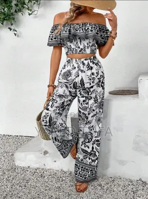 Off Shoulder Crop Top and Wide Leg Pant ( ሆት ፓንት)