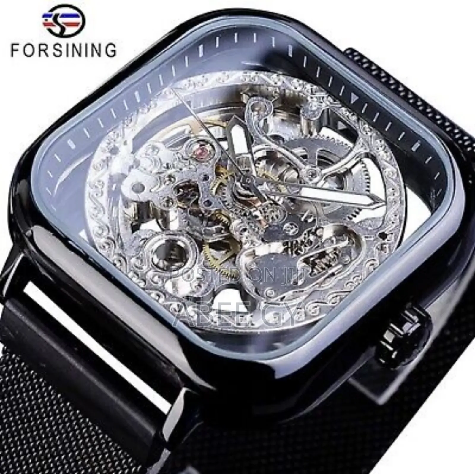 Forsining Golden Men Automatic Watch Square Skeleton Mesh
