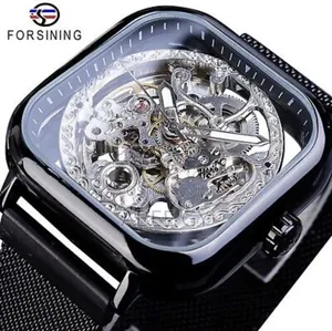 Photo - Forsining Golden Men Automatic Watch Square Skeleton Mesh