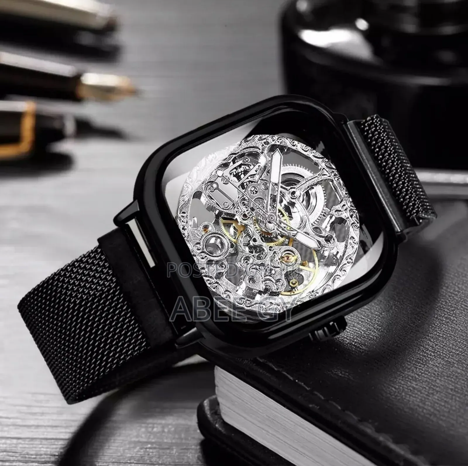 Forsining Golden Men Automatic Watch Square Skeleton Mesh