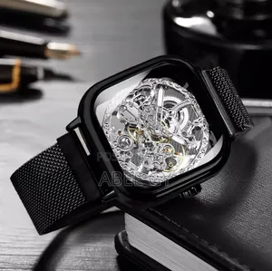 Forsining Golden Men Automatic Watch Square Skeleton Mesh