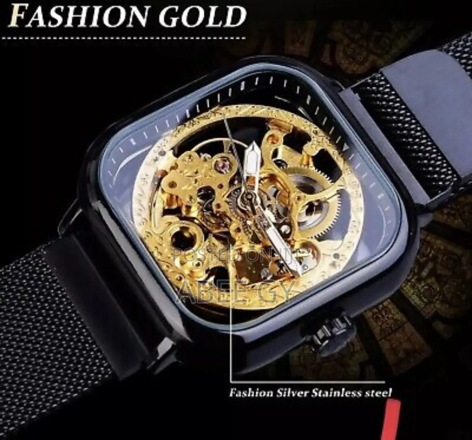 Forsining Golden Men Automatic Watch Square Skeleton Mesh