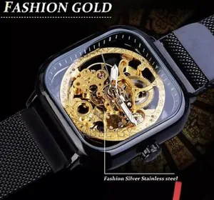 Forsining Golden Men Automatic Watch Square Skeleton Mesh