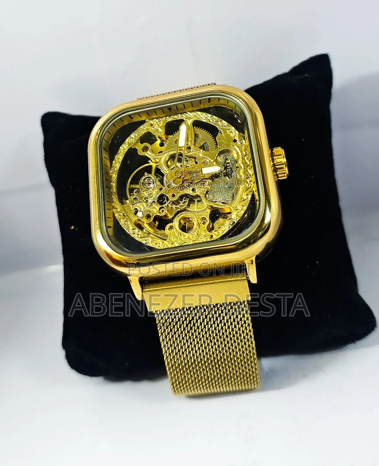 Forsining Golden Men Automatic Watch Square Skeleton Mesh