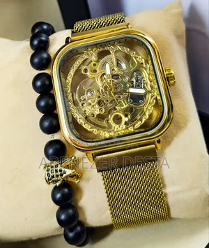 Forsining Golden Men Automatic Watch Square Skeleton Mesh