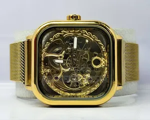Forsining Golden Men Automatic Watch Square Skeleton Mesh