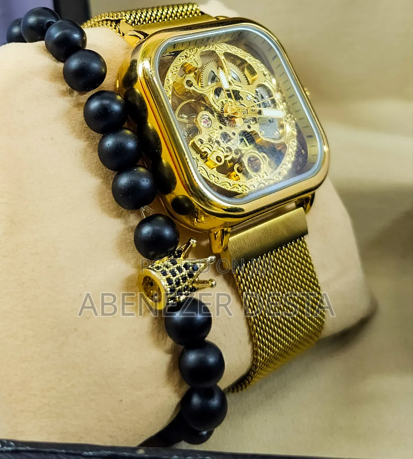 Forsining Golden Men Automatic Watch Square Skeleton Mesh