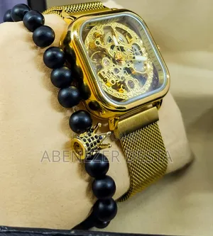 Forsining Golden Men Automatic Watch Square Skeleton Mesh