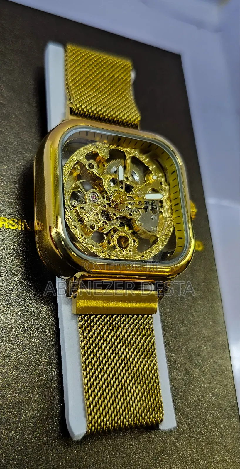 Forsining Golden Men Automatic Watch Square Skeleton Mesh