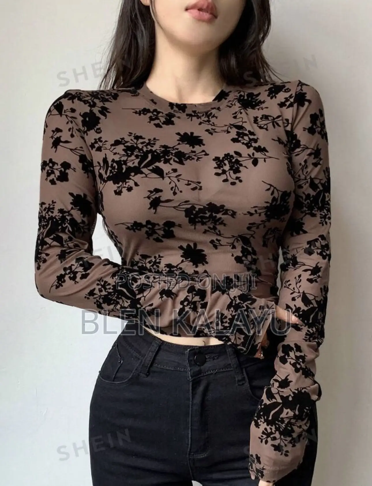 DAZY Women's Full Floral Print Mesh Long Sleeve Top