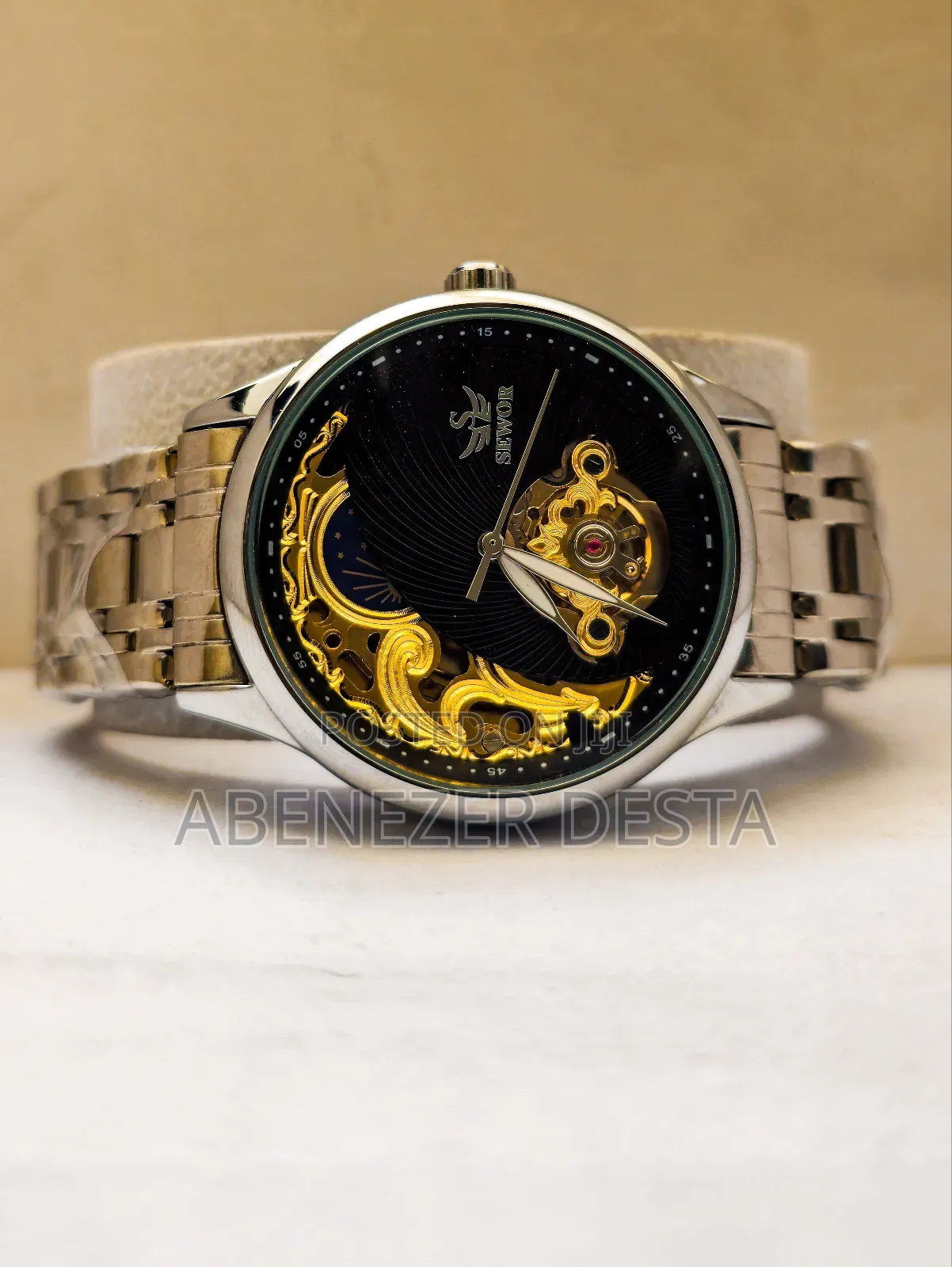 SEWOR Gold Skeleton Mens Watch Retro Moonwatch