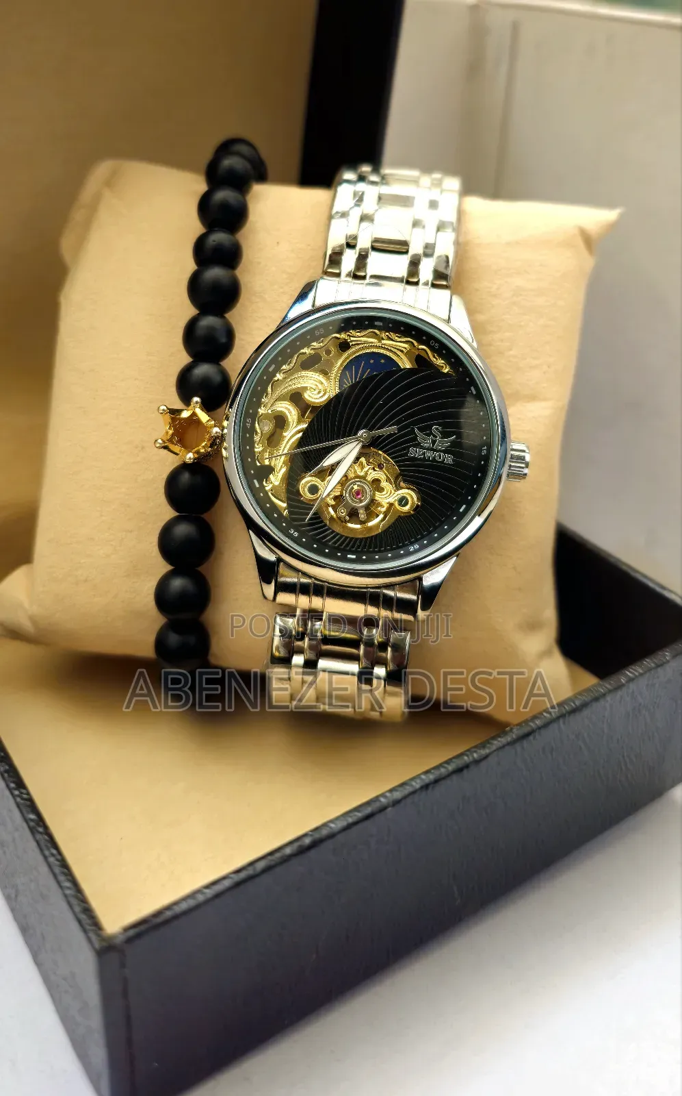 SEWOR Gold Skeleton Mens Watch Retro Moonwatch