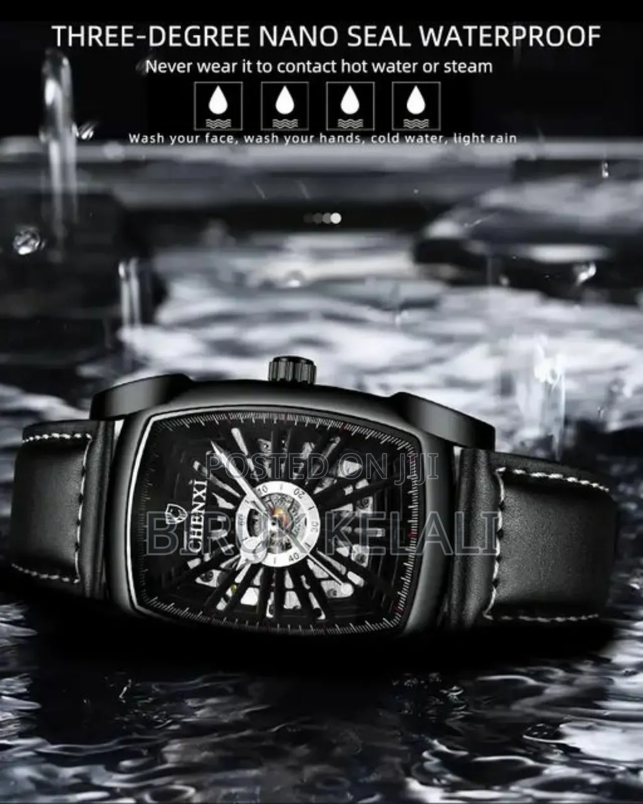 CHENXI Men Automatic Watch Square Skeleton Mesh Leather Band