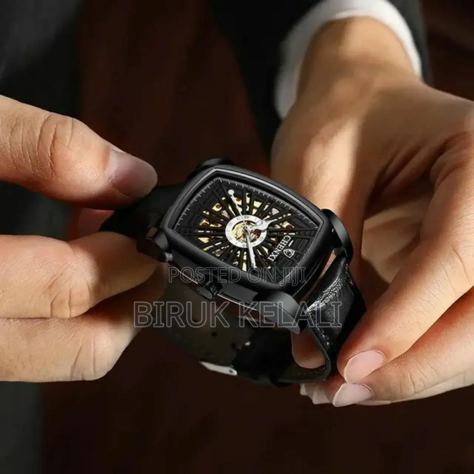 CHENXI Men Automatic Watch Square Skeleton Mesh Leather Band