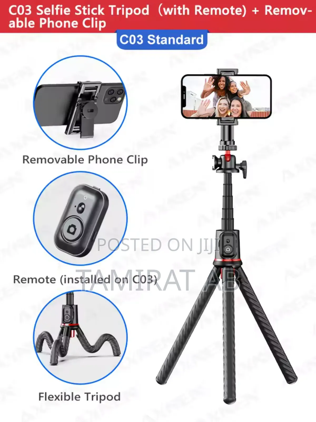 C03 Octopus Flexible Tripod, Selfie Stick Detachable Holder