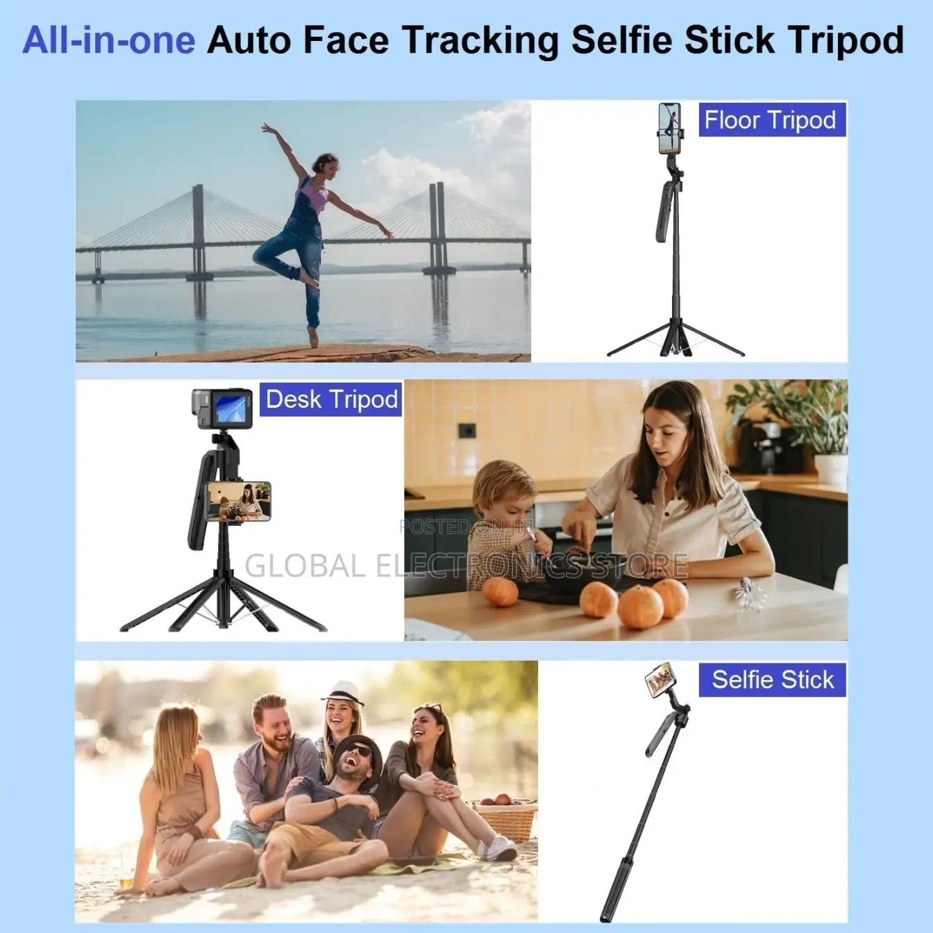 Gimbal + Tripod + Face Tracker + Selfi Stick (4በ1 የያዘ)