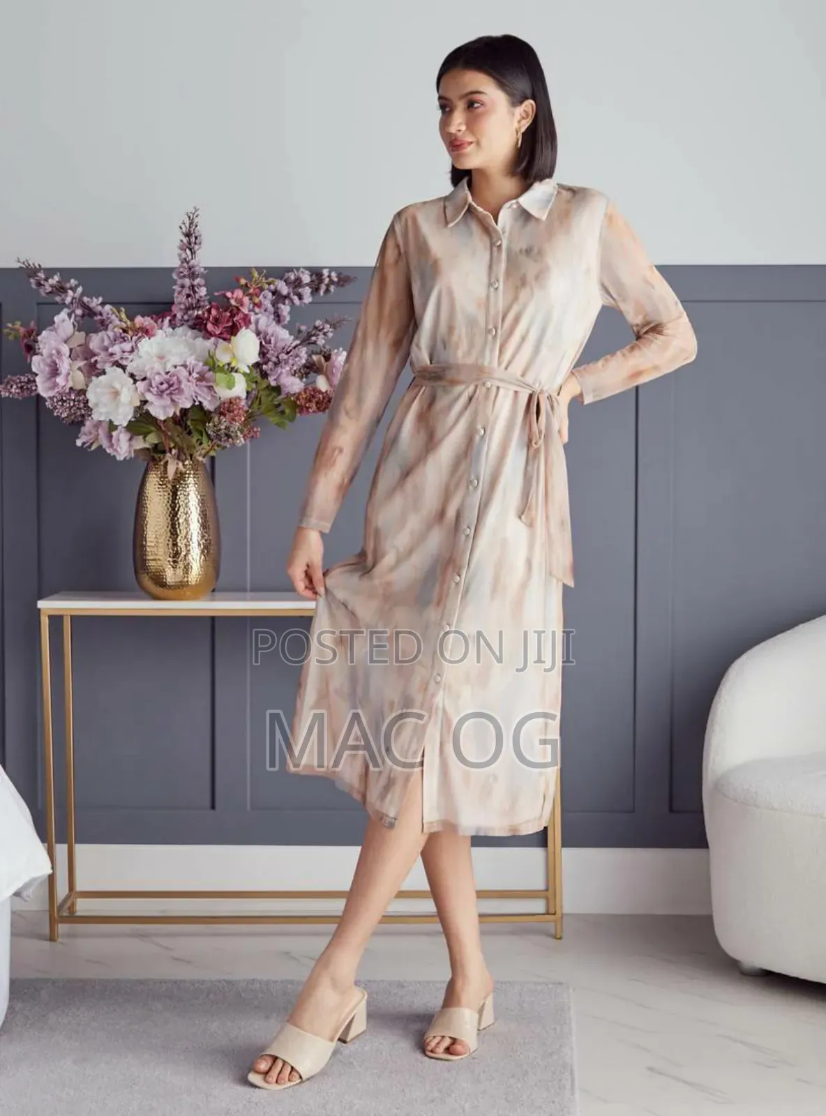 Printed Mesh Textured Midi Shirt Dress With Tie-Up Belt